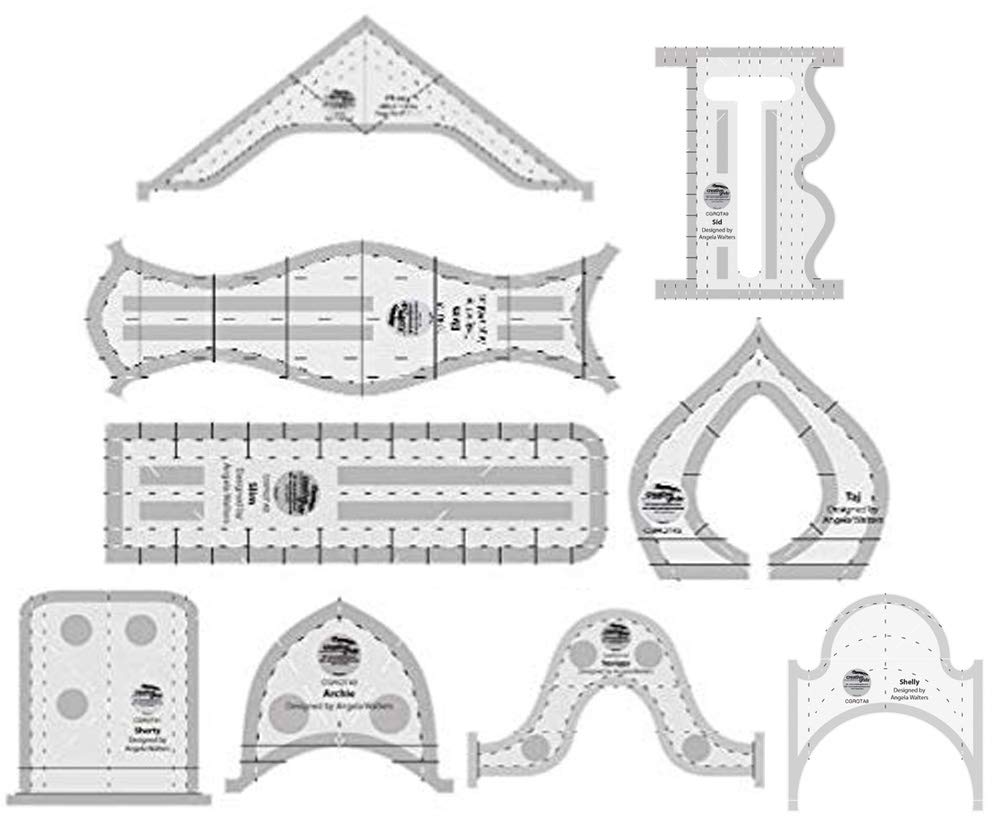 

Creative Grids Machine Quilting Tools Rulers 9 Pack - Taj, Elvira, Chevy, Squiggy, Shorty, Slim, Archie, Shelly, Sid