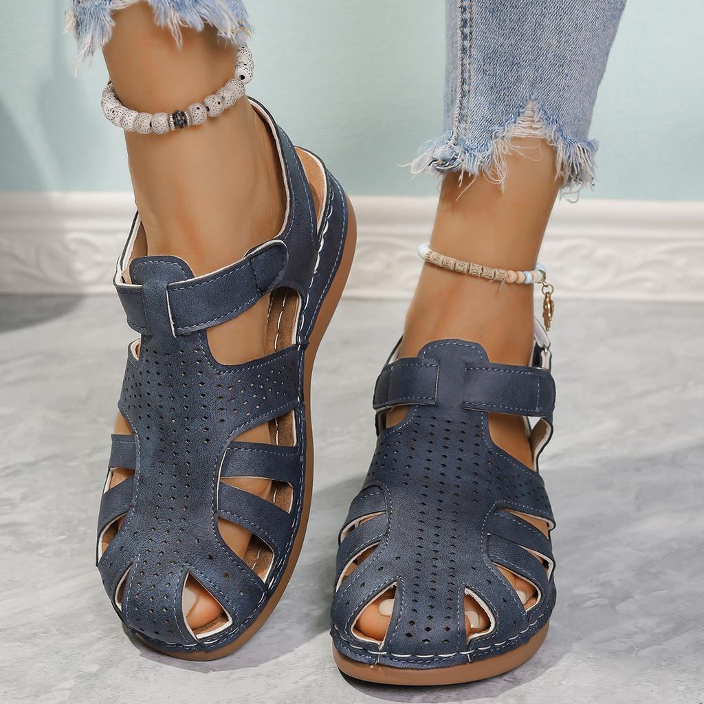 Large size casual women's slope heel new sandals women's round head hollow summer bag head Velcro hole shoes