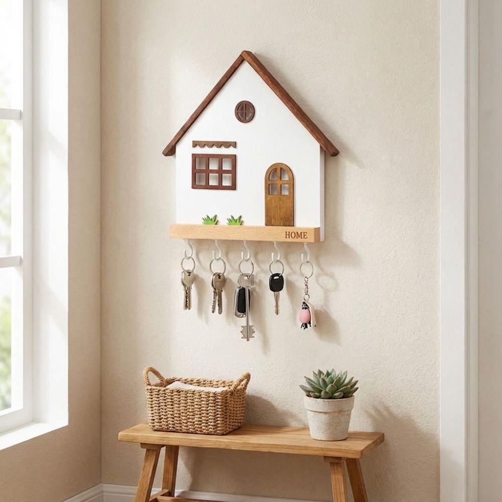 Dekorativní háčky ve tvaru domečku Dřevěný držák na klíče Umělecký design Nástěnný držák na klíče Obývací pokoj