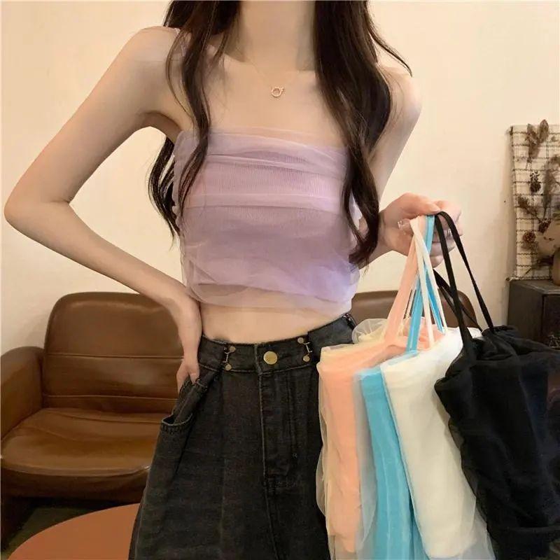 White Mesh Suspender Tank Top for Women's Summer Short Slim Fit and Strapless