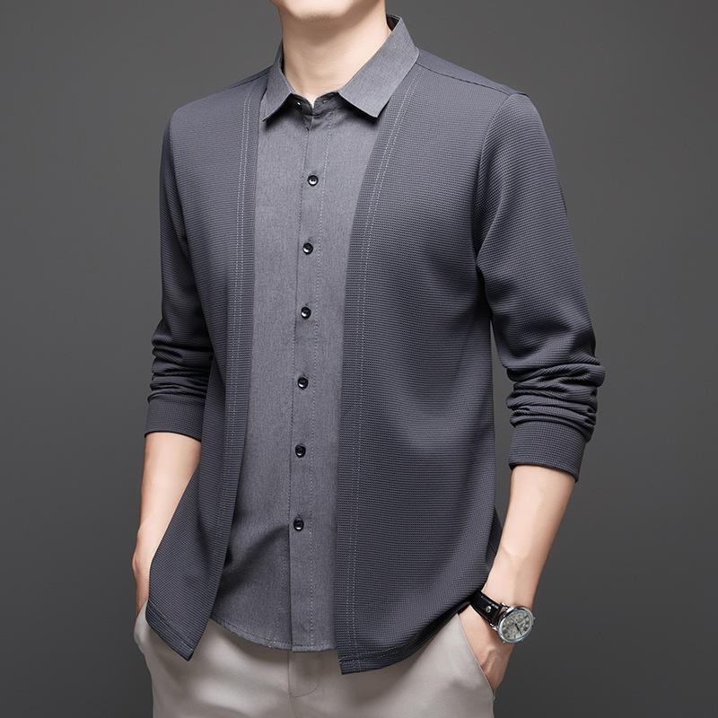 

Весенне-осенняя самая горячая мужская рубашка с лацканами, имитирующая двойку, тонкий кардиган, повседневный и универсальный деловой вязаный свитер L серый