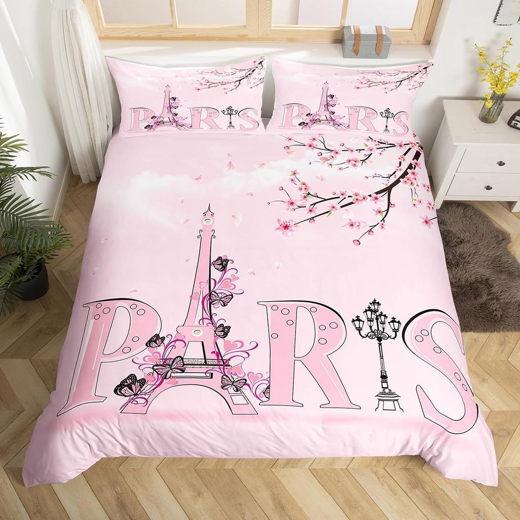 Eiffel Tower Bedding Set Twin Queen Pink Cherry Blossom Duvet Cover Romantic Theme Butterfly Print Comforter Cover for Girl Boys
