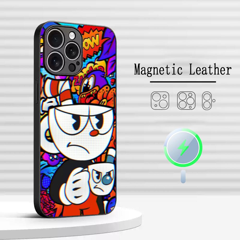 Cute cup-Head classic cartoon pattern Phone Case For iPhone 17 16 15 14 13 12 Plus Pro Max High-end Luxury Magsafe Sheepskin
