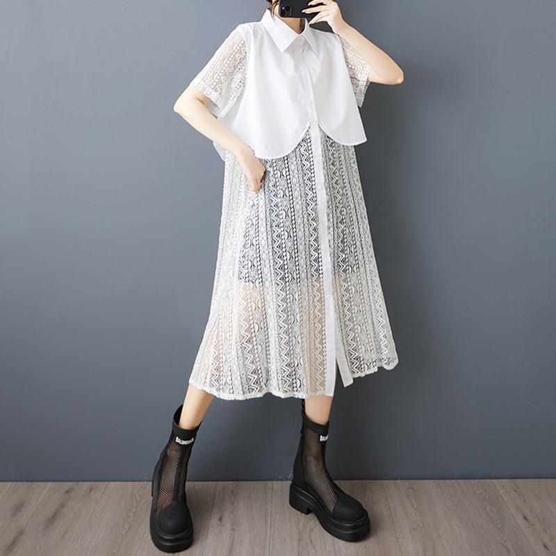 

Короткий рукав Плюс размер Хлопковая сетка винтажные новые платья для женщин повседневное свободное длинное летнее платье-рубашка белый