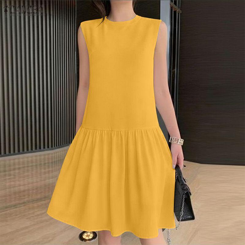 ZANZEA Women Casual Round Neck Solid Color Summer Sleeveless Dress