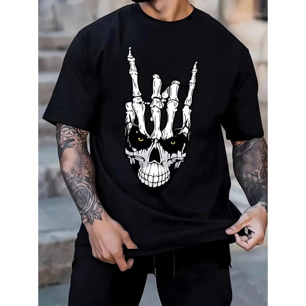 Skull Hand Print Crew Neck Tee Shirt - Soft Slight Stretch  Fabric, Regular Fit, Geometric Pattern, Casual Short Sleeve Top