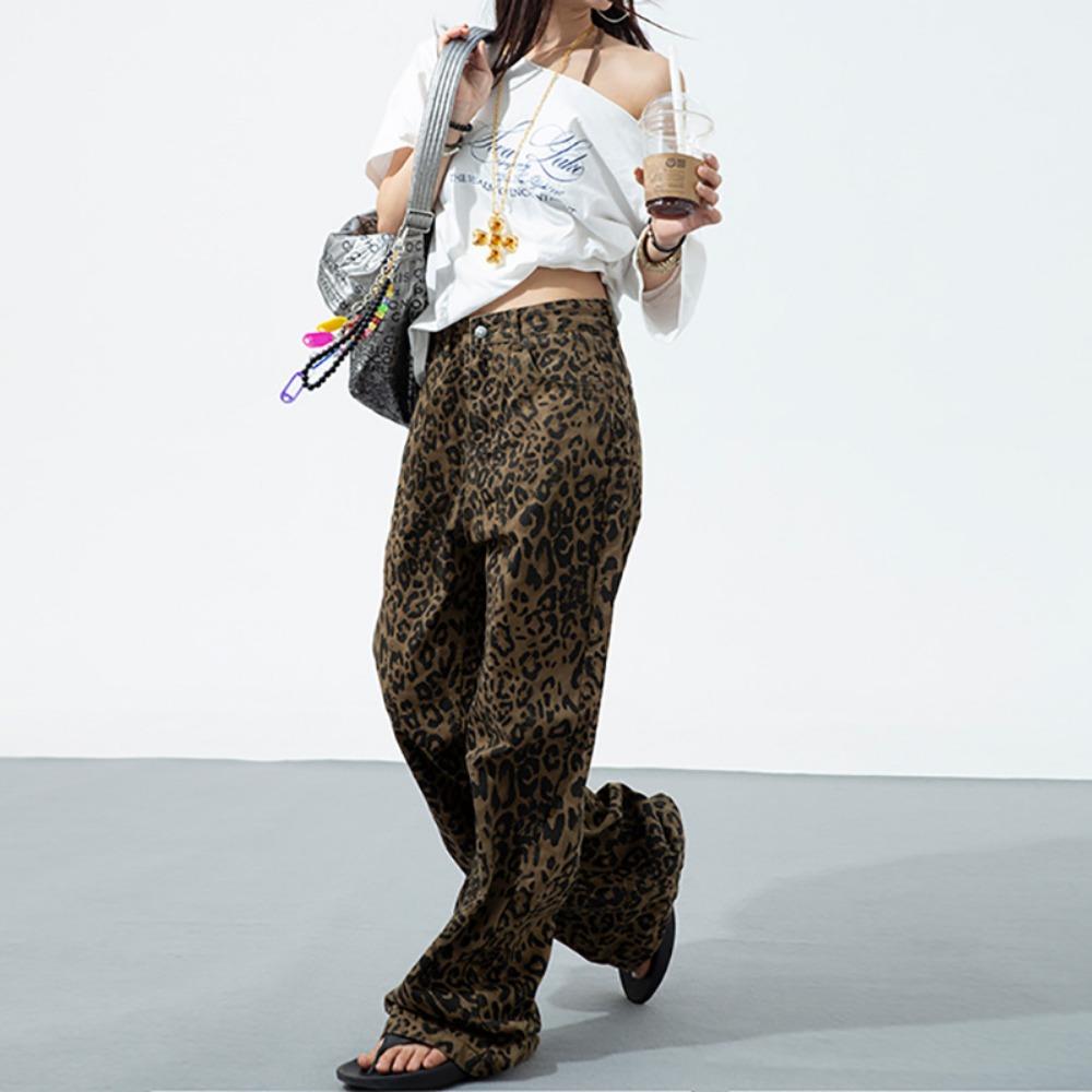 

Универсальные весенне-летние новые женские тонкие и свободные уличные японские джинсы клеш с леопардовым принтом кофейного цвета XXL цветной печати леопарда