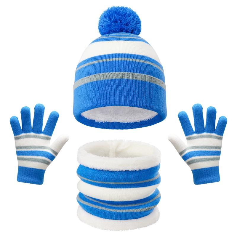 Children's Hat, Scarf, Gloves, Three Piece Set, Boys' and Girls' Winter Thick Warm Striped Knitted Hat Set