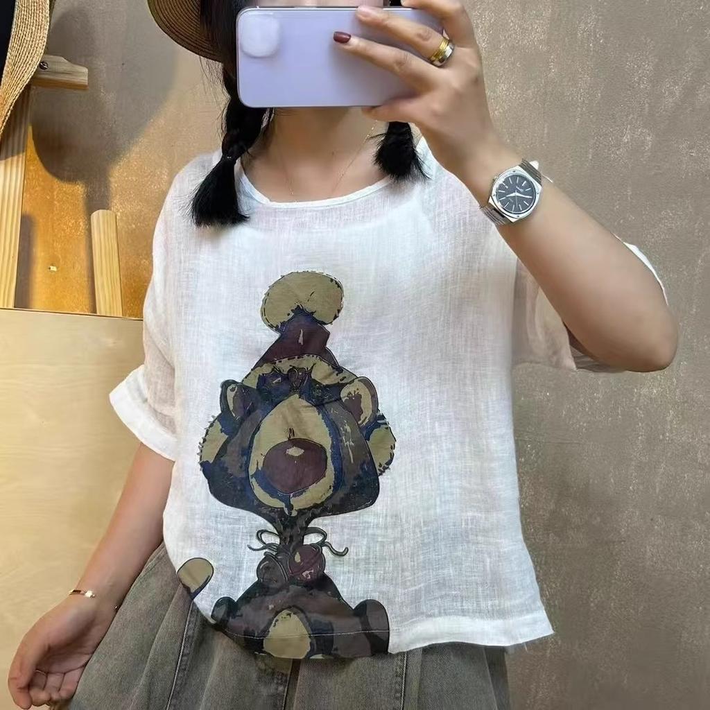 DIMANAF 2025 Women Summer Linen Bat T-shirt Shirt Printed Pattern Blouse Short Sleeve Fashion Tops Tees Loose Tees New