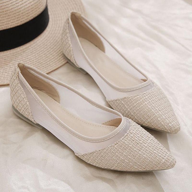 Mesh Breathable Women's Shoes New Year's New Flat-bottomed Pointed Head Shallow Mouth Single Shoes Xiaoxiangfeng Sandals with Skirts Doudou Shoes