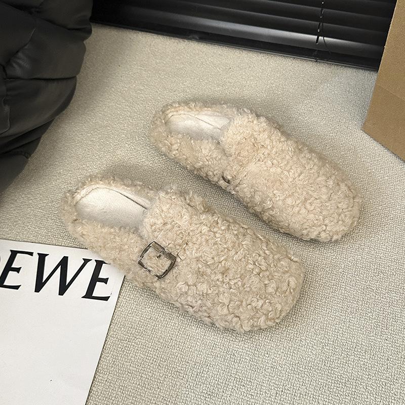 Internet celebrity fairy wind lamb wool white fluffy shoes female outer wear lazy one pedal warm velvet bag head half slippers