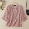 ZANZEA Women Casual V-Neck Loose 3/4 Sleeve Floral Print Blouse
