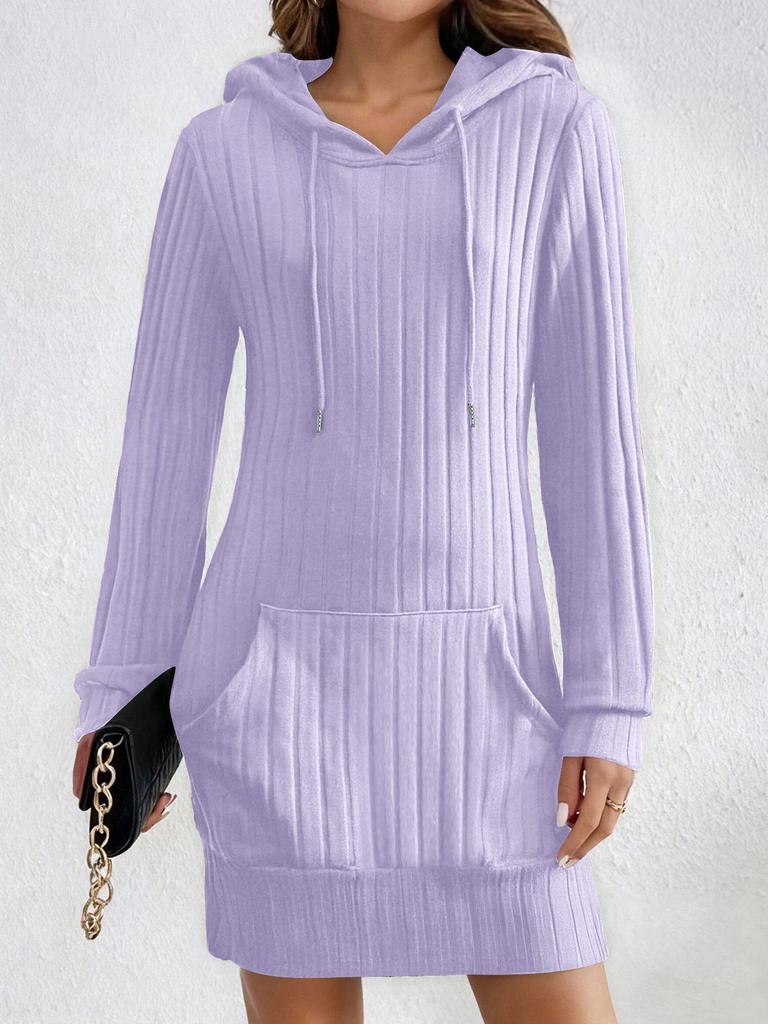 2025 Autumn/Winter Knit Hooded Ribbed Pocket Long Sleeve Dress for Women