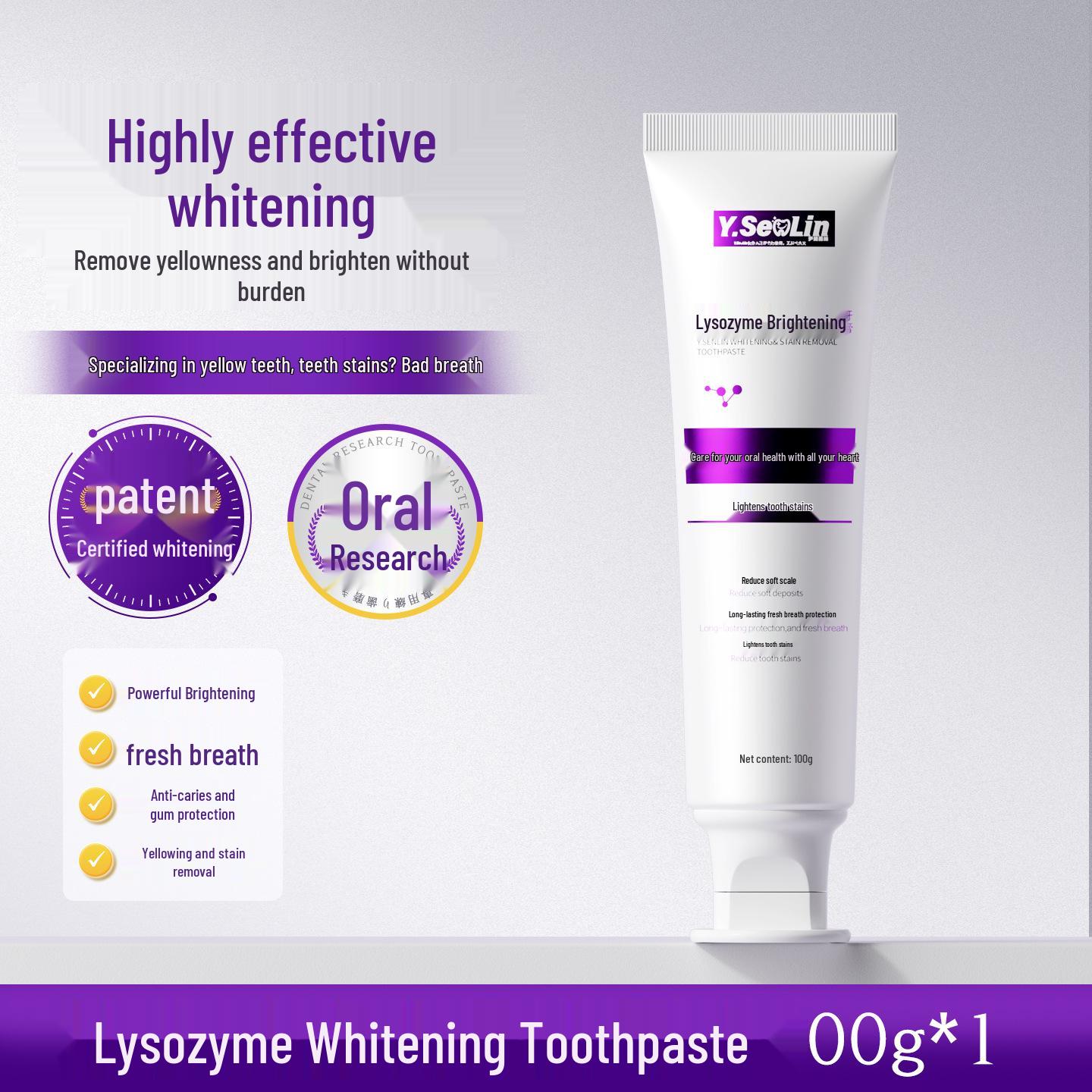 Yin Yan Sen Lin Whitening Toothpaste: Fresh Breath, Antibacterial Peptide, Lysozyme, Stain Removal, Bright White Teeth.