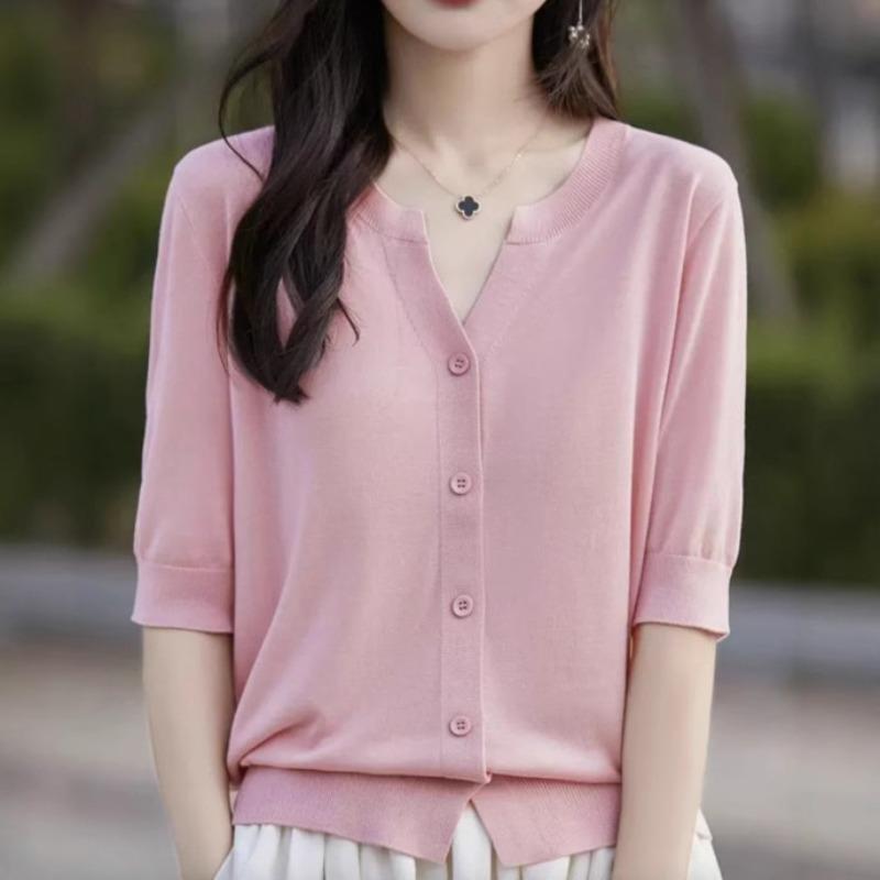 Women's Short Sleeved T-shirt Summer Loose Cardigan T-shirt V-neck Ice Silk Knitted Top