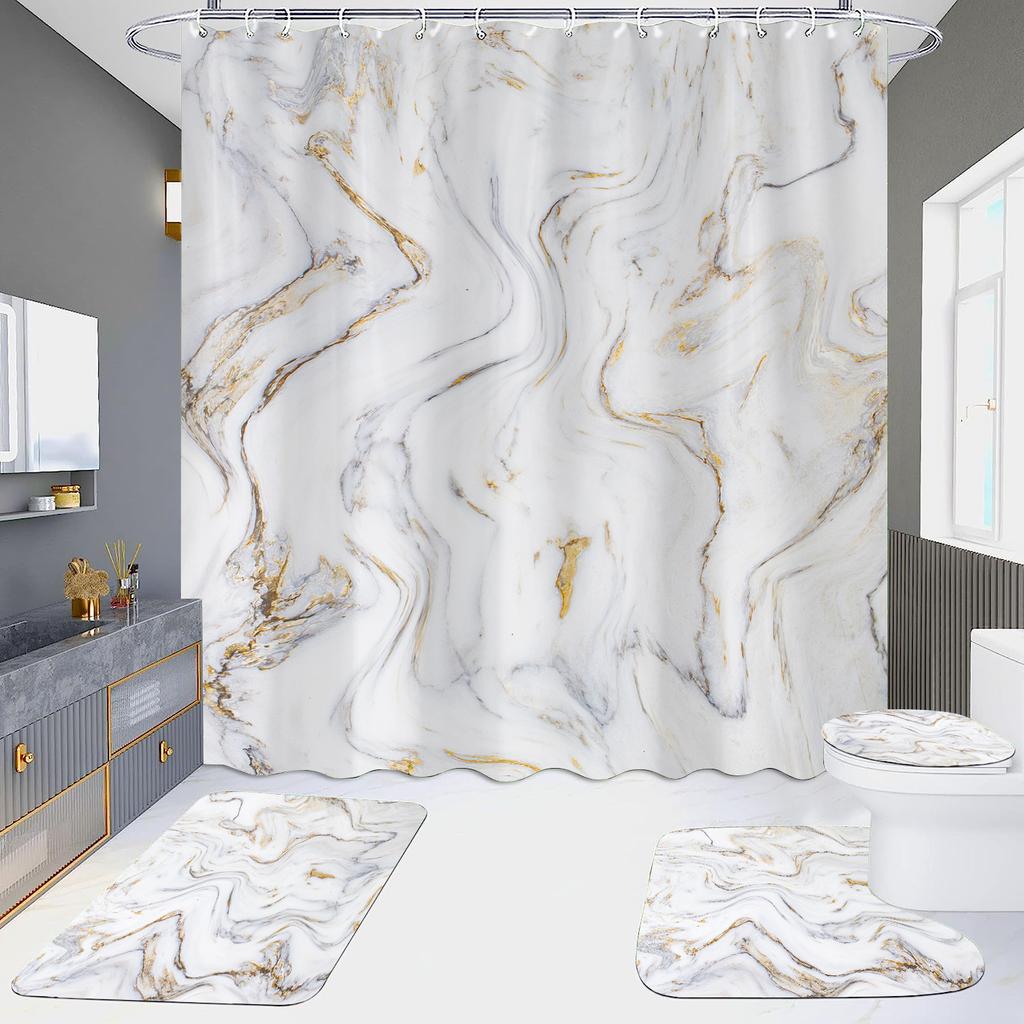 4Pcs Marble Series Shower Curtain Sets for Bathroom Non-Slip Bathroom Rugs Lid Toilet Cover Bath Mat