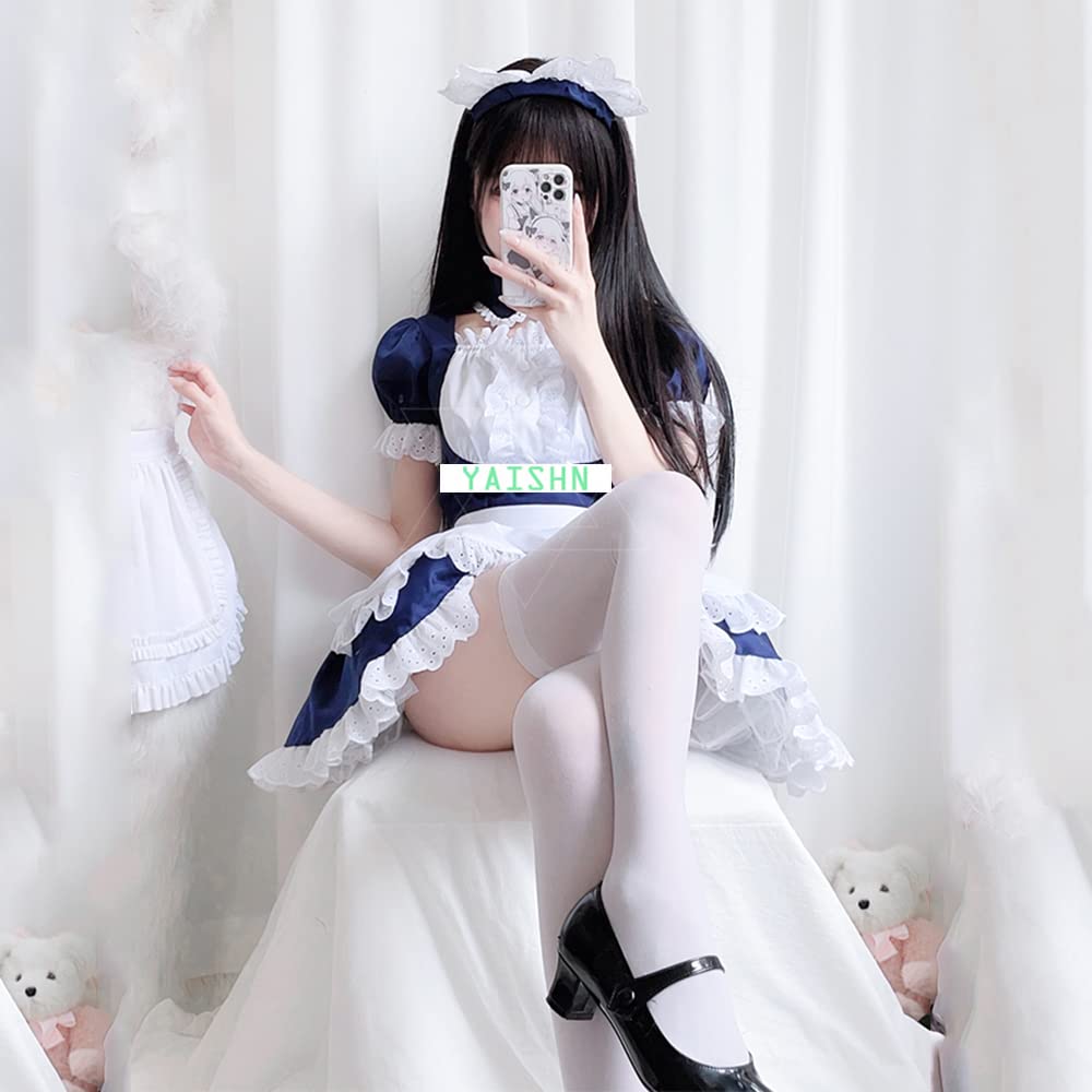 [YAISHN] Slúžkovský kostým, Halloweensky kostým, Gotická Lolita, Populárny, Náhrdelník, Modrý jednodielny, Dámsky, Roztomilý, Lolita Cosplay, Krátky rukáv, Čelenka,