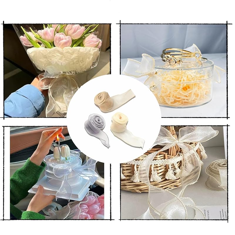 DEVENTORZ Organdy Ribbon Ribbon Contains 3 Volumes Approximately 9m Long Width 4cm Wrapping Translucency Valentine Handicraft DIY Bouquet Bow Bowknot