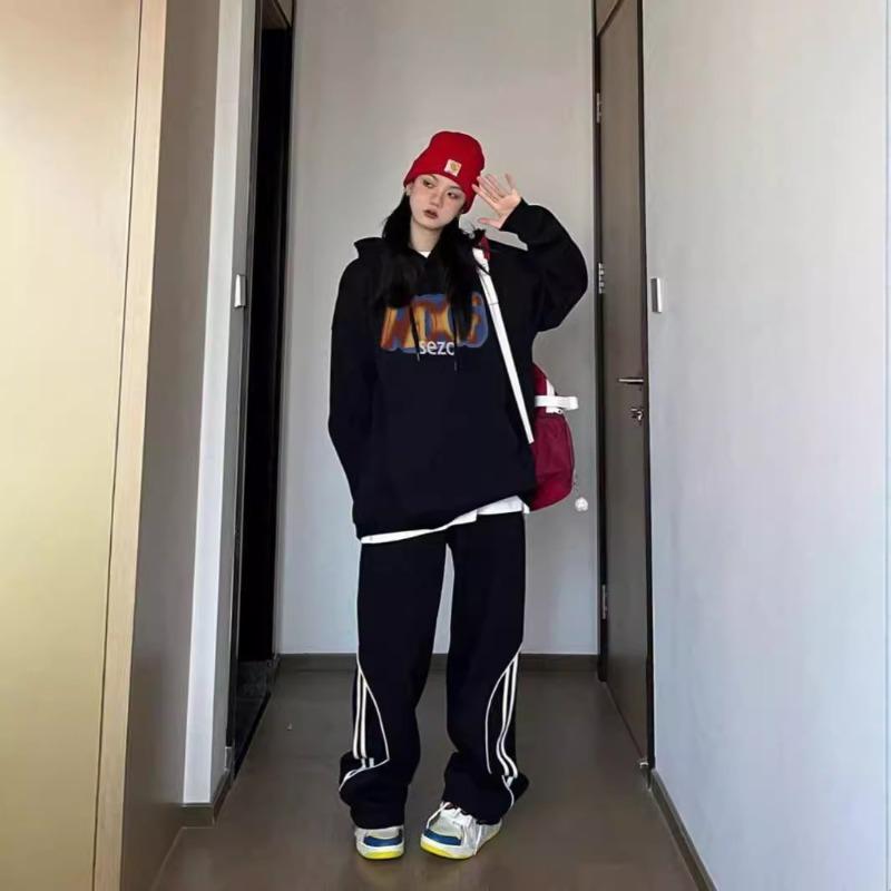 Autumn Winter Loose Casual Letter Printing Hoodies Women Fashion Simple Black Hooded Sweatshirt Pullover Top