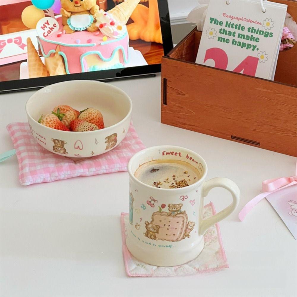 Cute Ceramic Little Bear Biscuits Mug Hand Drawn Cream Style Coffee Cup Instant Noodles Bowl Office