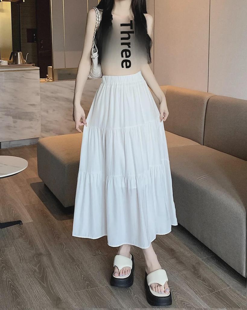 2025 Women's High-Waist A-Line White Skirt: Spring/Summer Korean Style with Elastic Waist