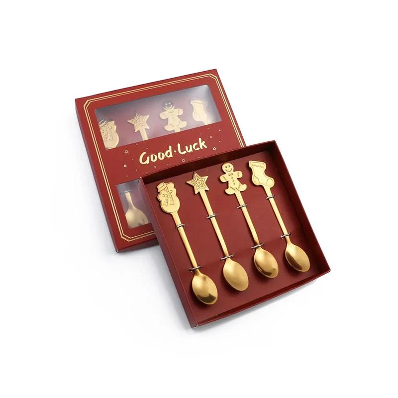 4PCS Stainless Steel Christmas Gift Spoon Fork Set Scoop Fruit Fork Coffee Spoon Cutlery Set Christmas Tree Decoration Dessert