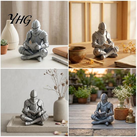 Creative Reading Knight Figure 3D Printed Armored Figurine, Sitting Sculpture, Unique Bookcase Decor Retro Statue for Bookshelf and Office Desktop