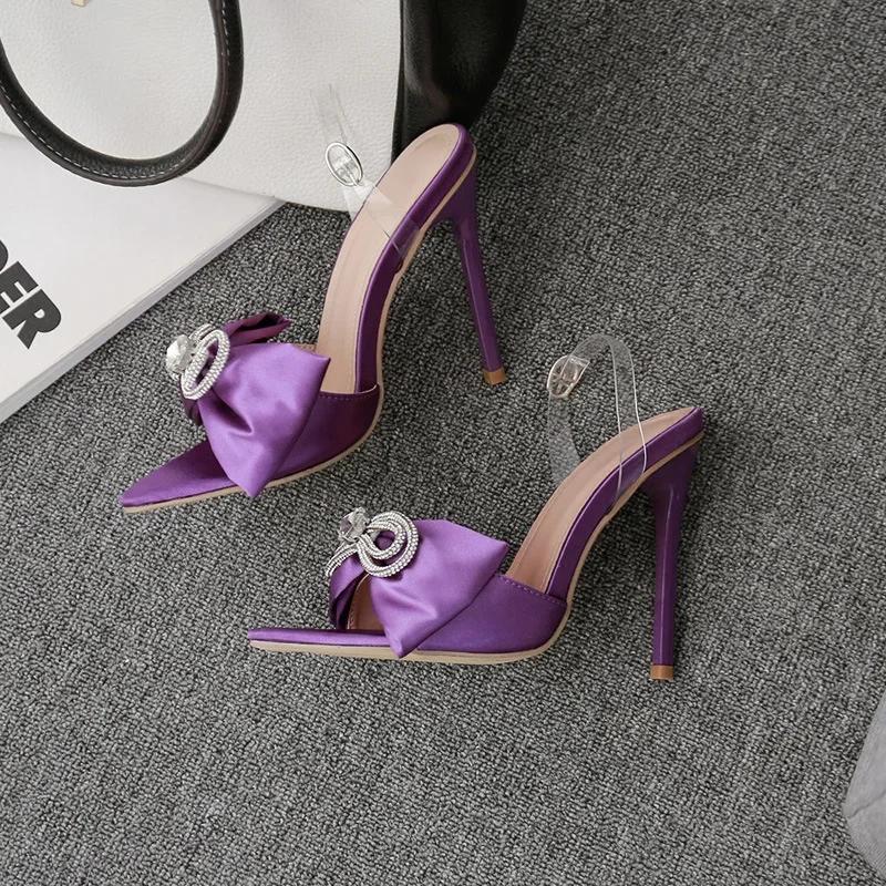 Sexy Silk Pointed Rhinestone Butterfly-knot Thin High Heel Sandals for WOmen PVC Band Ankle Buckle Banquet Wedding Shoes