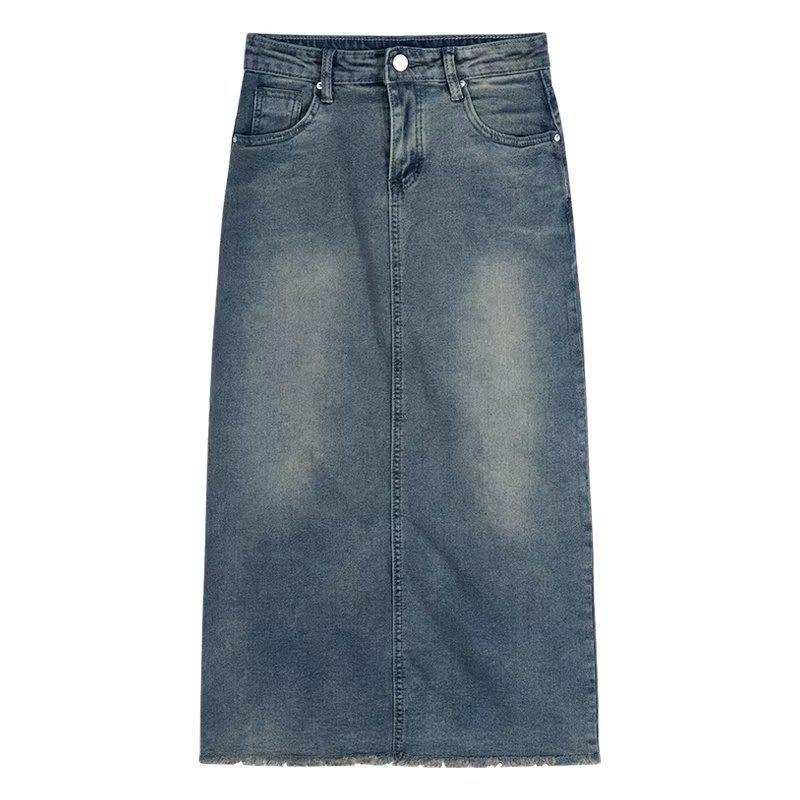 2023 Summer Women's Retro High-Waist Denim A-Line Skirt with Mid-Length Slim Fit and Stylish Split