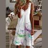 Women Summer Casual Sleeveless Lacework V Neck Printed Knee Length One Piece Dress