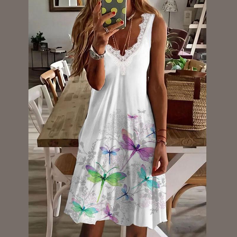 Women Summer Casual Sleeveless Lacework V Neck Printed Knee Length One Piece Dress