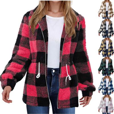 Damesmode Casual Herfst En Winter Langmouwige Ruit Revers Rits Pluche Jas