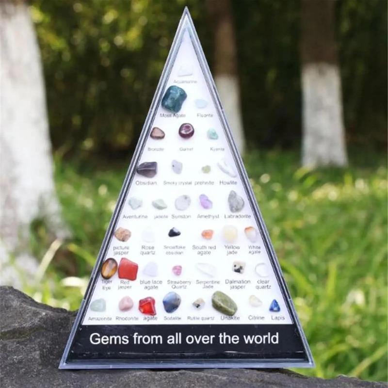Gems from All Over The World ,32 Types of Natural Crystal Gemstone Moon Shaped Set, Rocks Set with Educational Display Case
