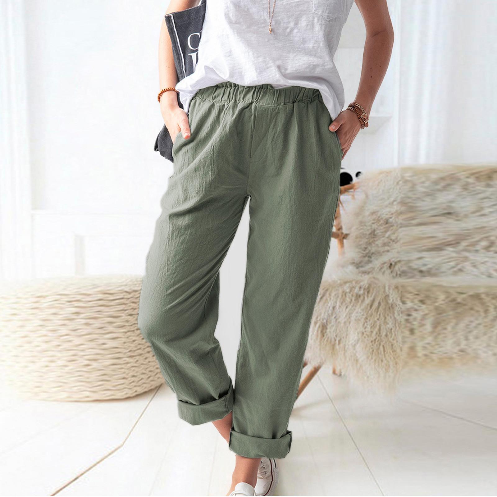 

Women s Cotton Linen Elastic Waist Casual Straight Trousers Long Pants L