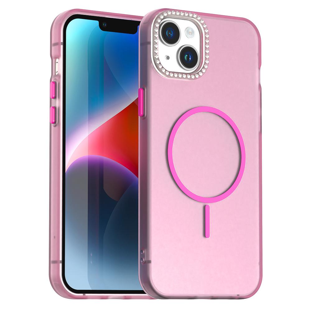 For iPhone 14/13 Case Compatible with MagSafe TPU+PC+PET Phone Cover Rhinestone Decor Lens Frame