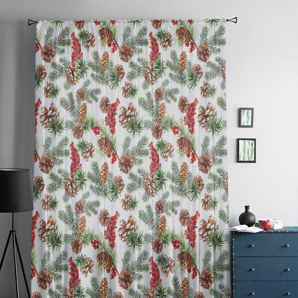 Weihnachts-Kiefernzapfen Kiefernnadeln Frucht Transparente Vorhänge für Kinderzimmer Wohnzimmer Voile-Vorhänge Weihnachten Küche Tüllvorhang