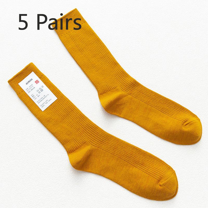 5 Pairs of Men's Retro Sweat-absorbing Vertical Striped Plain Color Cotton Mid Calf Socks