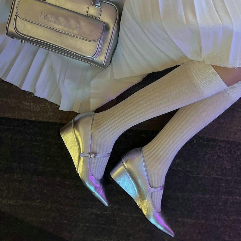 2025 Summer Cow Leather Pointed Wedge Pumps New High Heels Patent Leather Mary Jane Women's Shoes