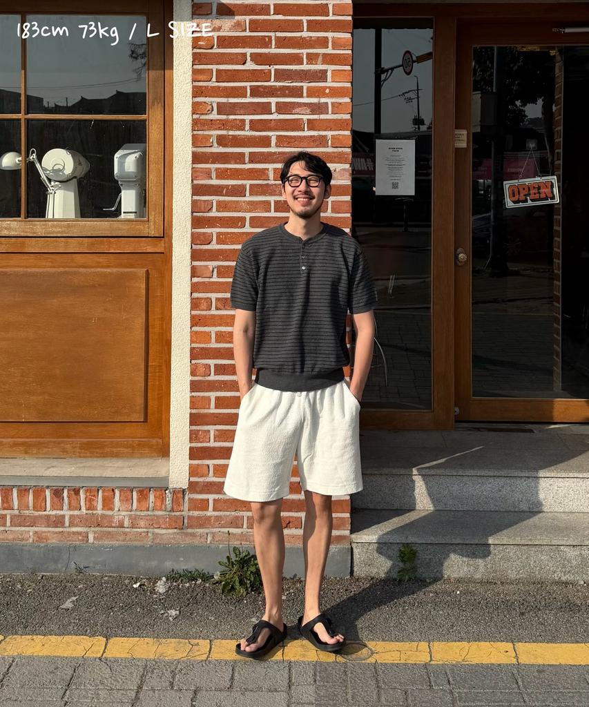 CUZNELLO Cool Cotton Striped Henley Neck Short Sleeve Knit_Charcoal