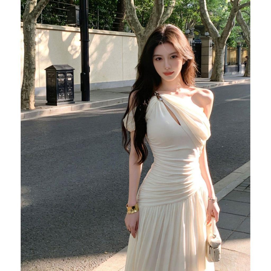 Korean gentle style, one word shoulder waist slim suspender long dress fashion temperament dress summer women's clothing