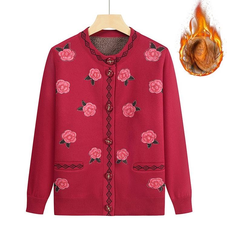 Mom Cardigan Top Female Grandma Round Neck Pattern Knitted Sweater Plus Velvet Thickened Autumn Clothes for Middle-aged and Elderly People