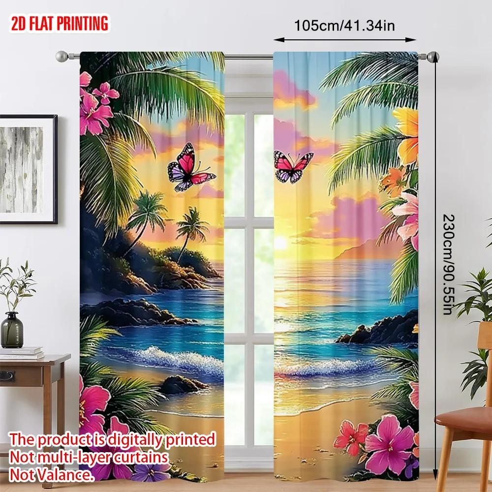 2pcs Floral Beach Scene Curtain Polyester Fabric Living Room Decoration Rod Pocket Curtains