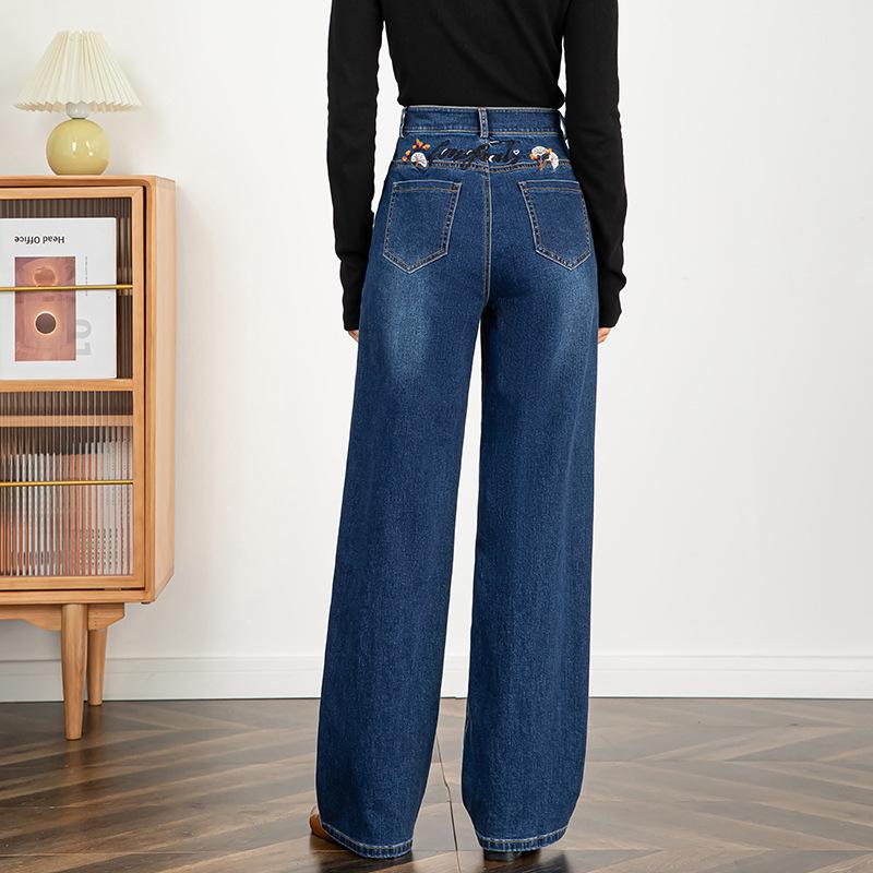 Women's High Waist Embroidered Jeans, 2025 Autumn/Winter, Loose Slim Fit Wide-Leg Straight Pants