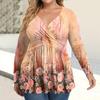 Women's Plus Size Shirt Long Sleeve  Print Top Pleated Casual V-Neck Top