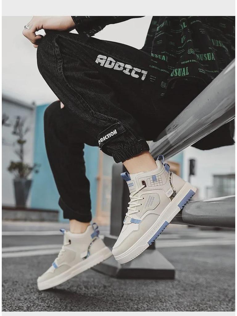 Men's Spring High-Top Sneakers - Trendy, Breathable, White, Thick-Soled Casual Sports Shoes for Students.