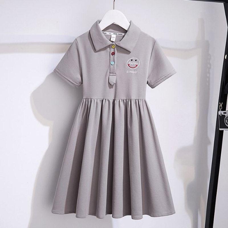 Girls Preppy Polo Collar Short Sleeve Dress Middle Child A Line Skirt Student Daily Wear 120
