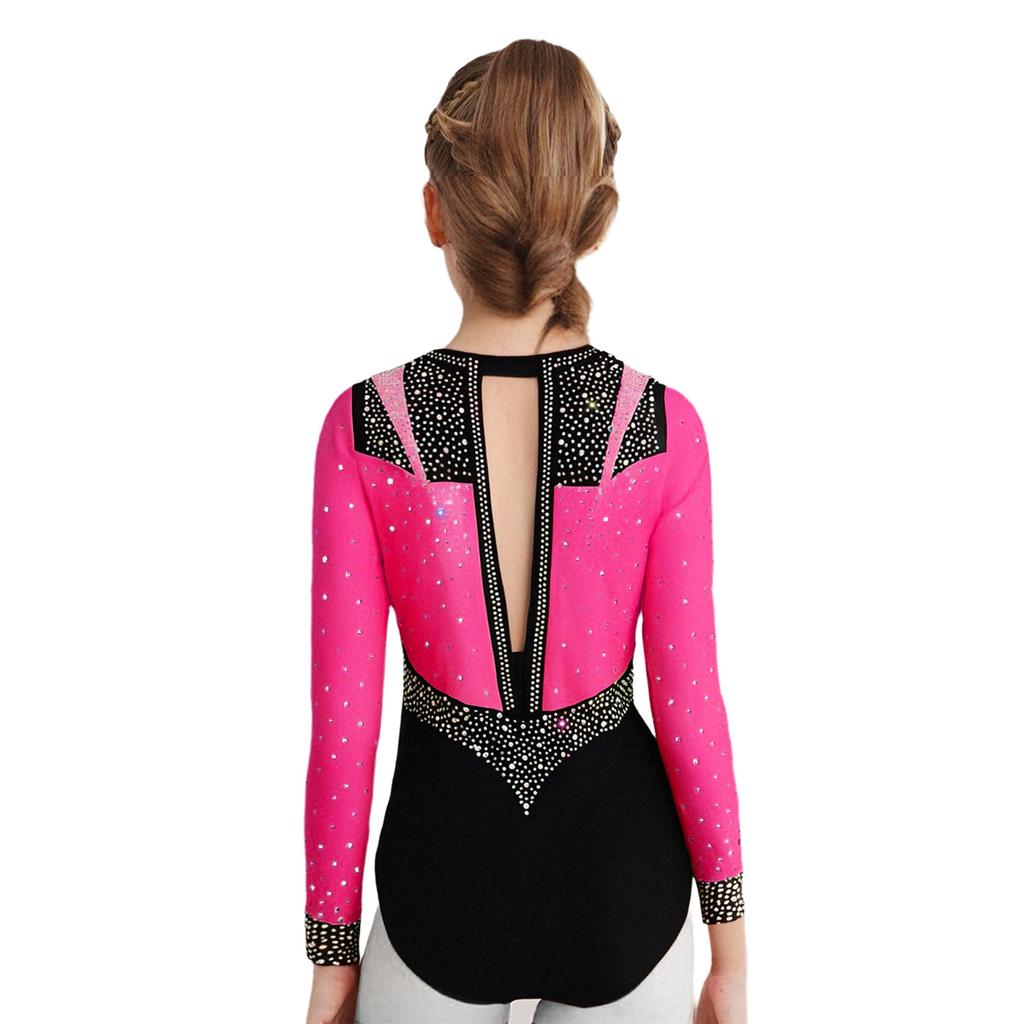 Girls Gymnastics Leotard Long Sleeve Keyhole Back Shiny Rhinestones Figure Skating Dancewear