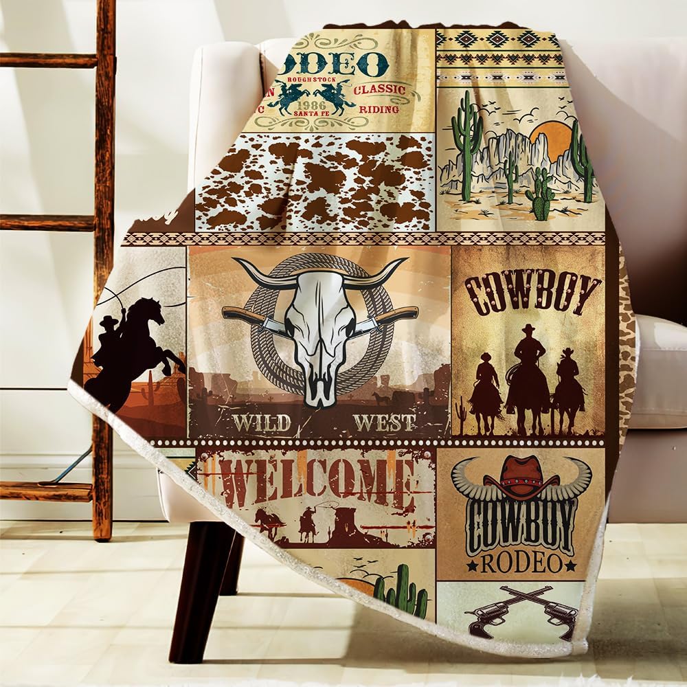 Coperta da divano Western Retrò Rustica con Cappello da Cowboy e Stivali, West Americano Cavalcando Cavalli Morbida Coperta in Flanella Per Bambini Ragazzi Bambine Adulti