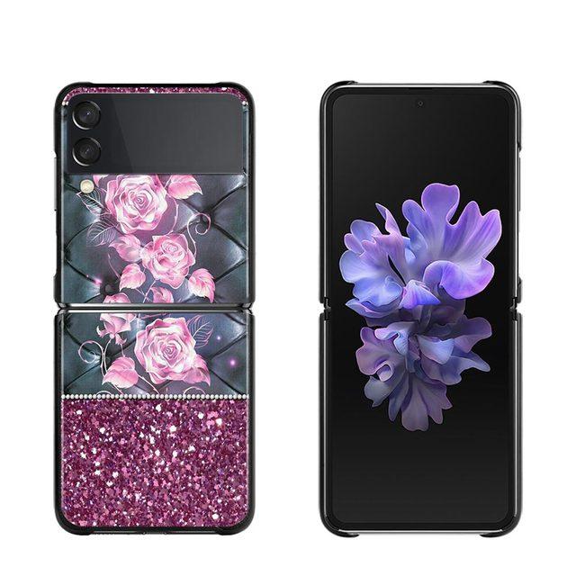 Phone Case For Samsung Galaxy Z Flip3 5g Back Cases For Samsung Z Flip Capa Black Shell Fundas Rose Pink Purple Bling Pattern