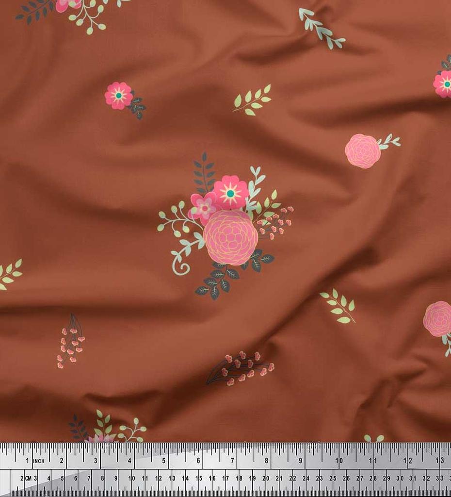 Soimoi Japan Crepe Satin Fabric Leaves,Aster & Camellia Flower Printed Craft Fabric by the Metre 42 Inch